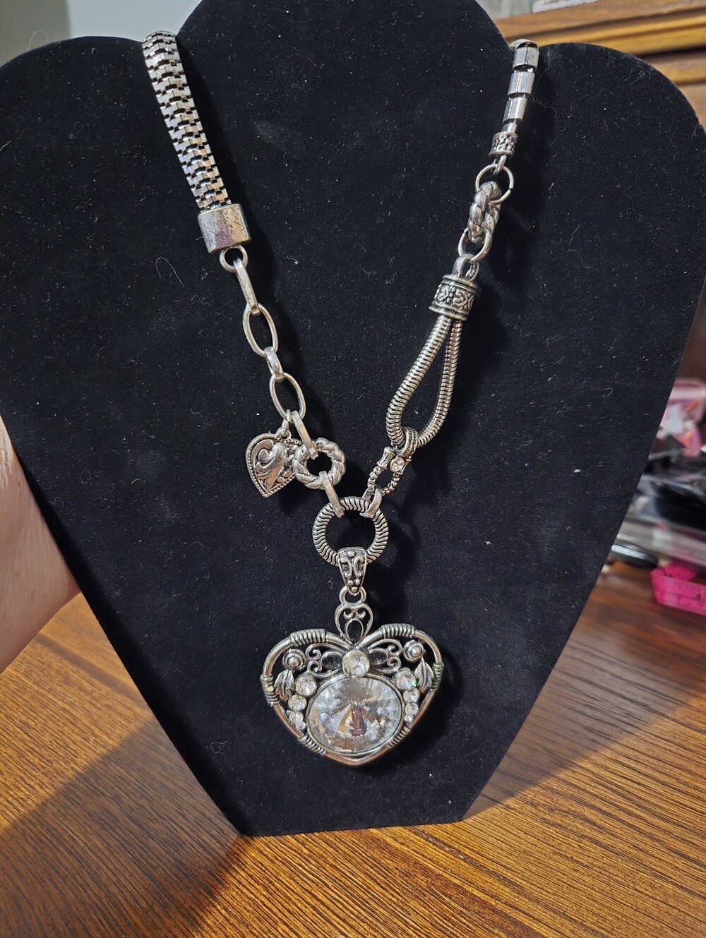 Heart Pendant Necklace with Clear Crystal Accent - Silver